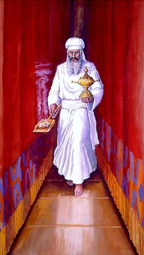 Ancient Israelite temple vestiture and ritual. The High Priest wears his special linen garments, sash and turban during his once per year entry into the Holy of Holies on Yom Kippur, the Day of Atonement. He approaches the Ark of the Covenant beyond the veil with the incense shovel in one hand, the smoke representing the prayers of the Israelites, and small vessel of bull’s blood in the other hand, the sin offering (atonement) on behalf of all the Israelites. Image based on Leviticus 16 and Exodus 25-31 and Exodus 35-40.